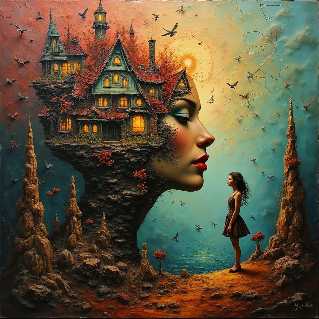 Surreal Dreamscape with Fragmented Woman and Warped Houses
