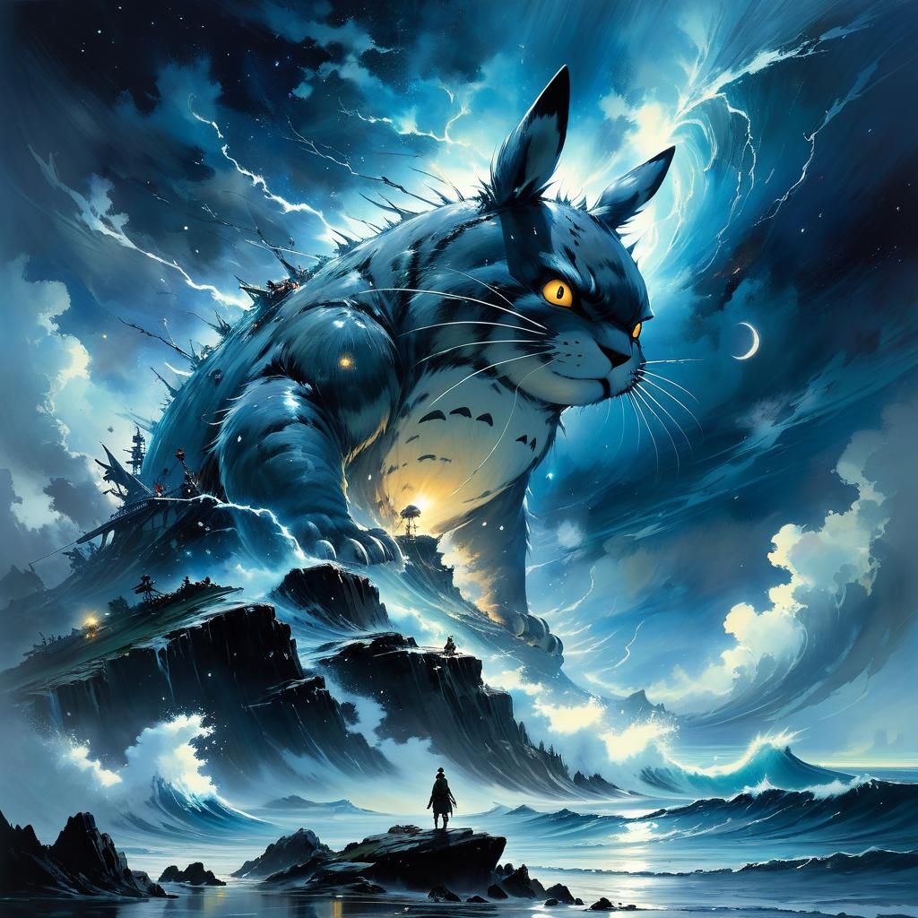 Totoro Observes Astral Ocean Storm, Watercolor Style