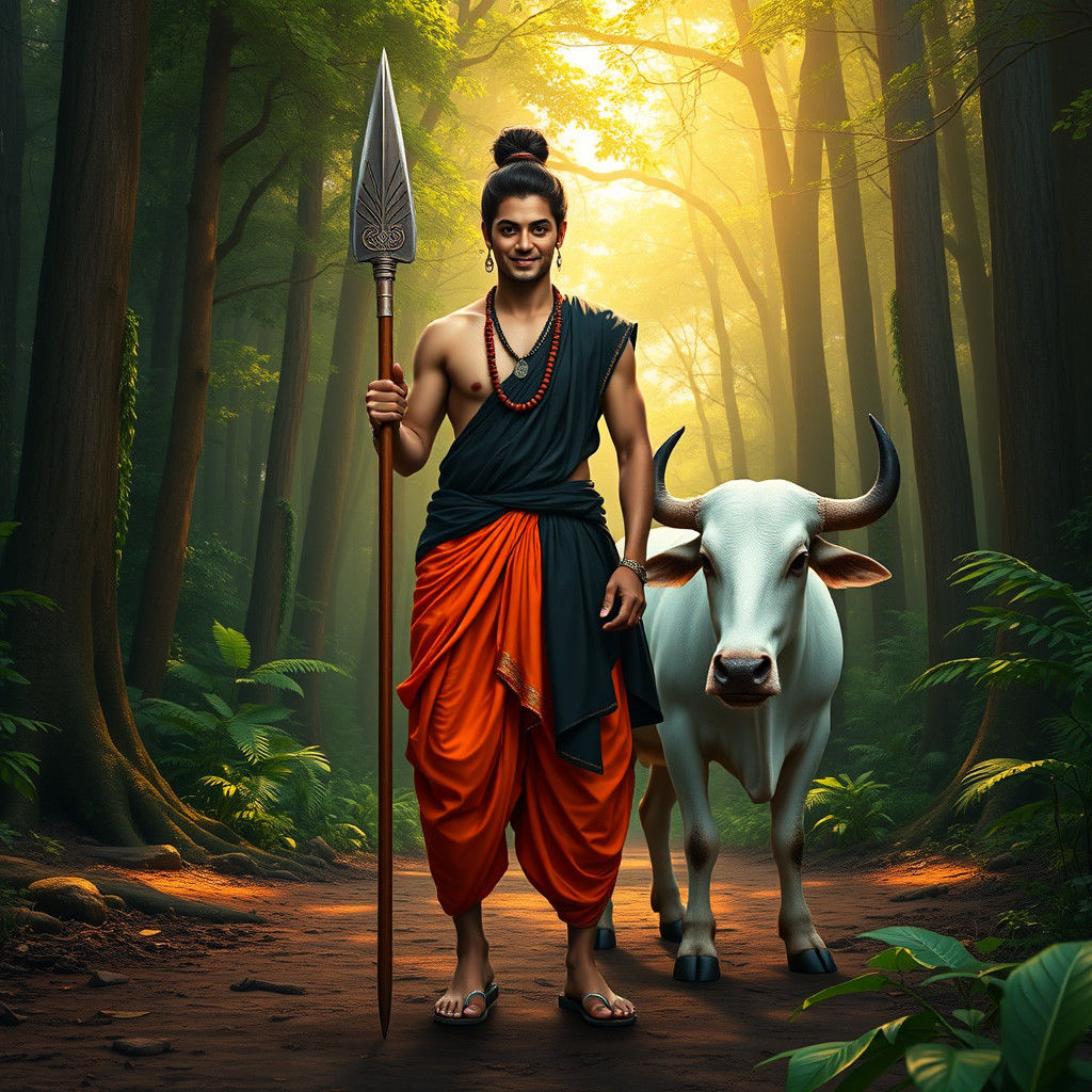 Serene Man with White Bull in Lush Forest