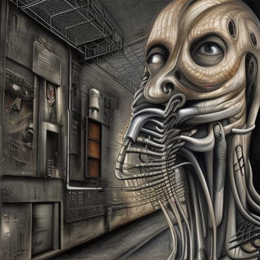 Surreal Hyperrealistic Street Scene in Style of H.R. Giger