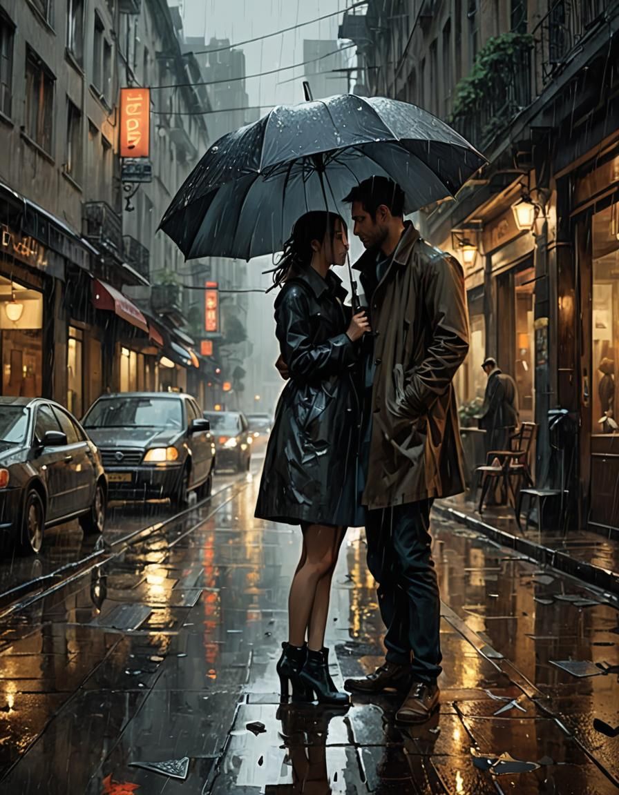 Couple Sharing Umbrella on Rainy Day