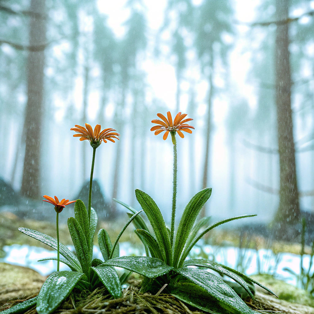 Orange Flowers with Water Droplets in Forest