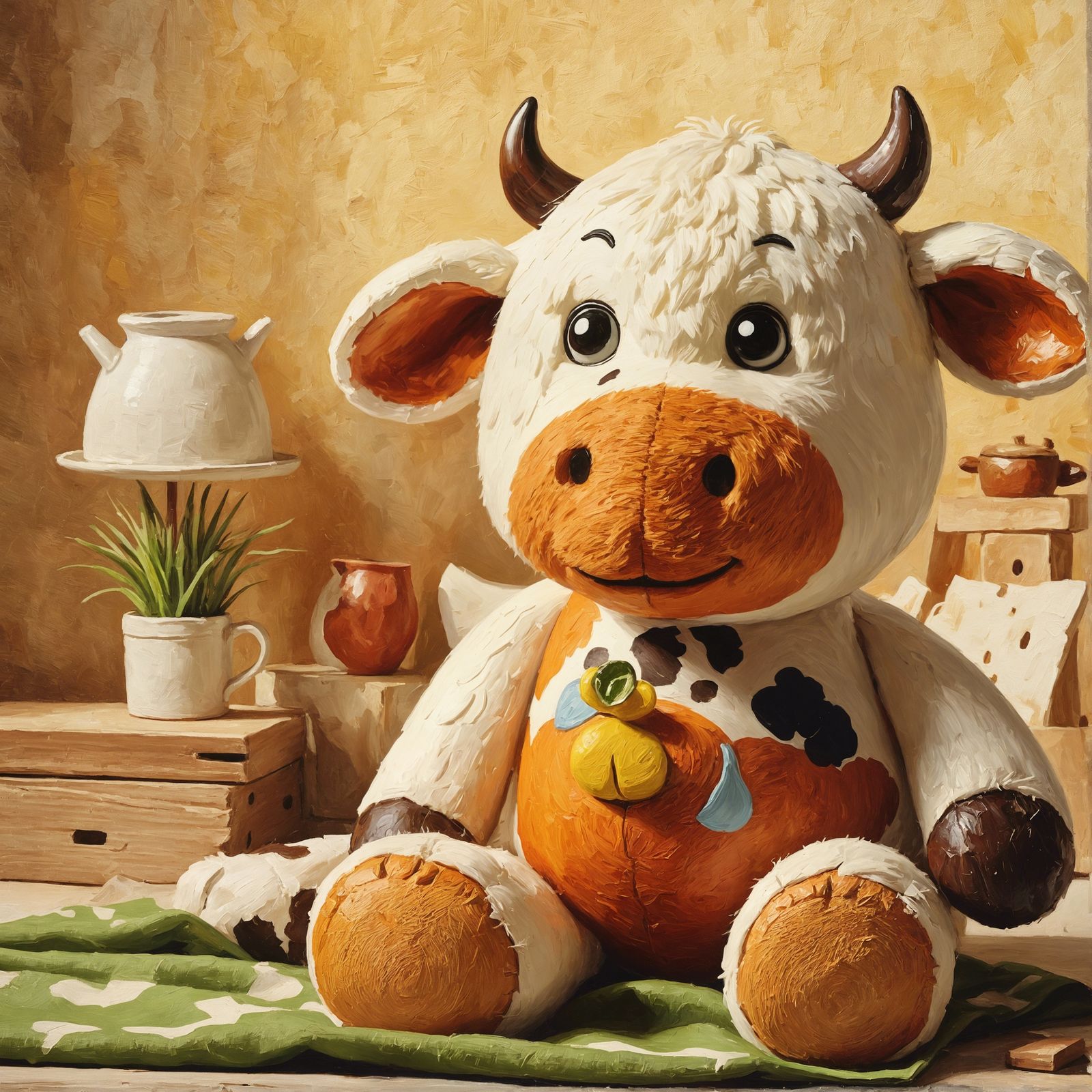 Toy-Like Stuffed Cow in Bedroom as Oil Painting