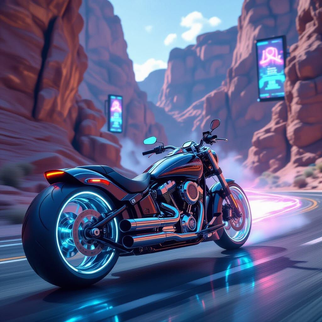 Futuristic Motorbike Race Through Iridescent Canyon