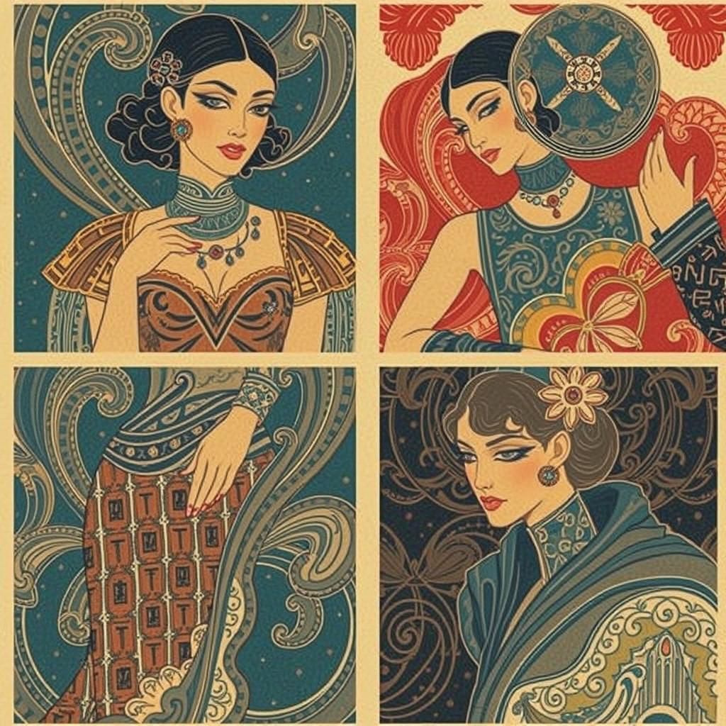 Art Deco Woodblock Print with Warm Triadic Colors