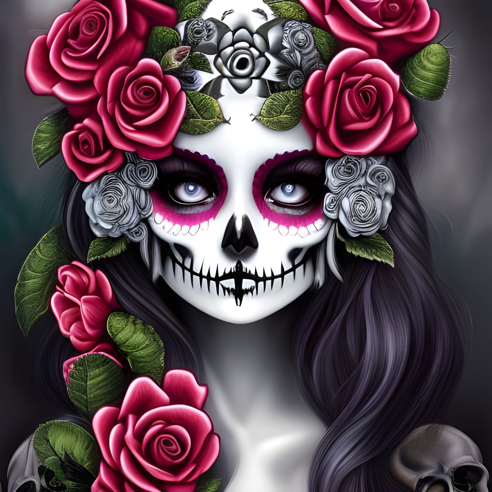 Skull with Black Roses Digital Illustration