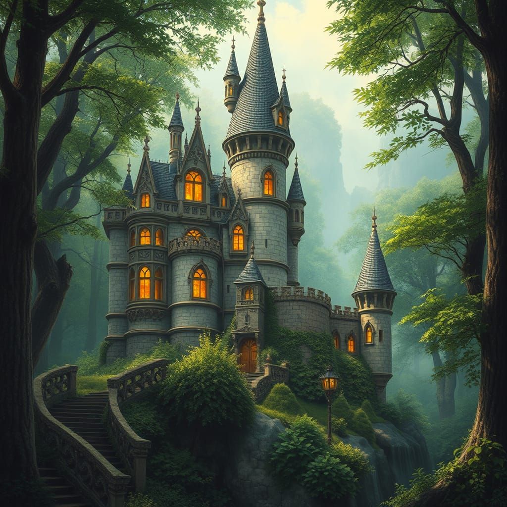 Enchanted Castle in Whimsical Forest Landscape