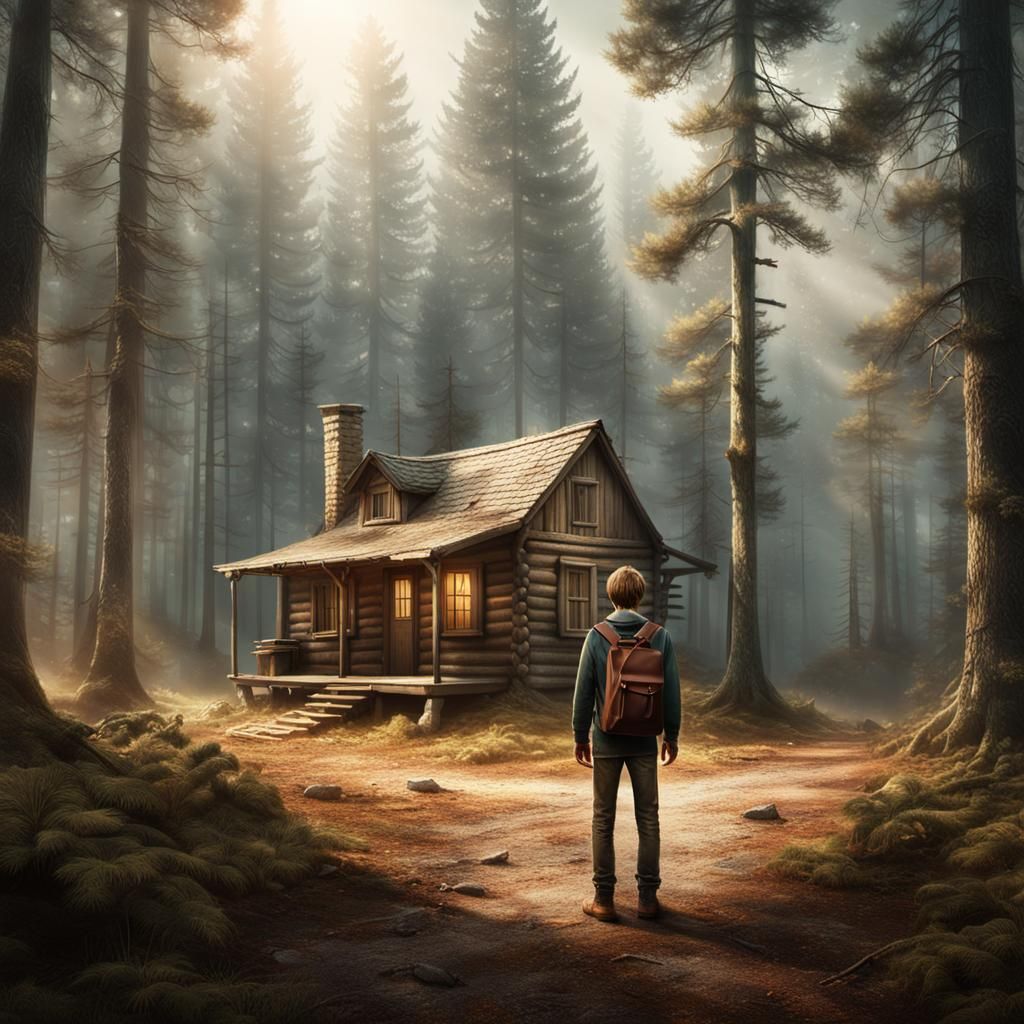 Boy and Cabin in Misty Forest: Cinematic Art
