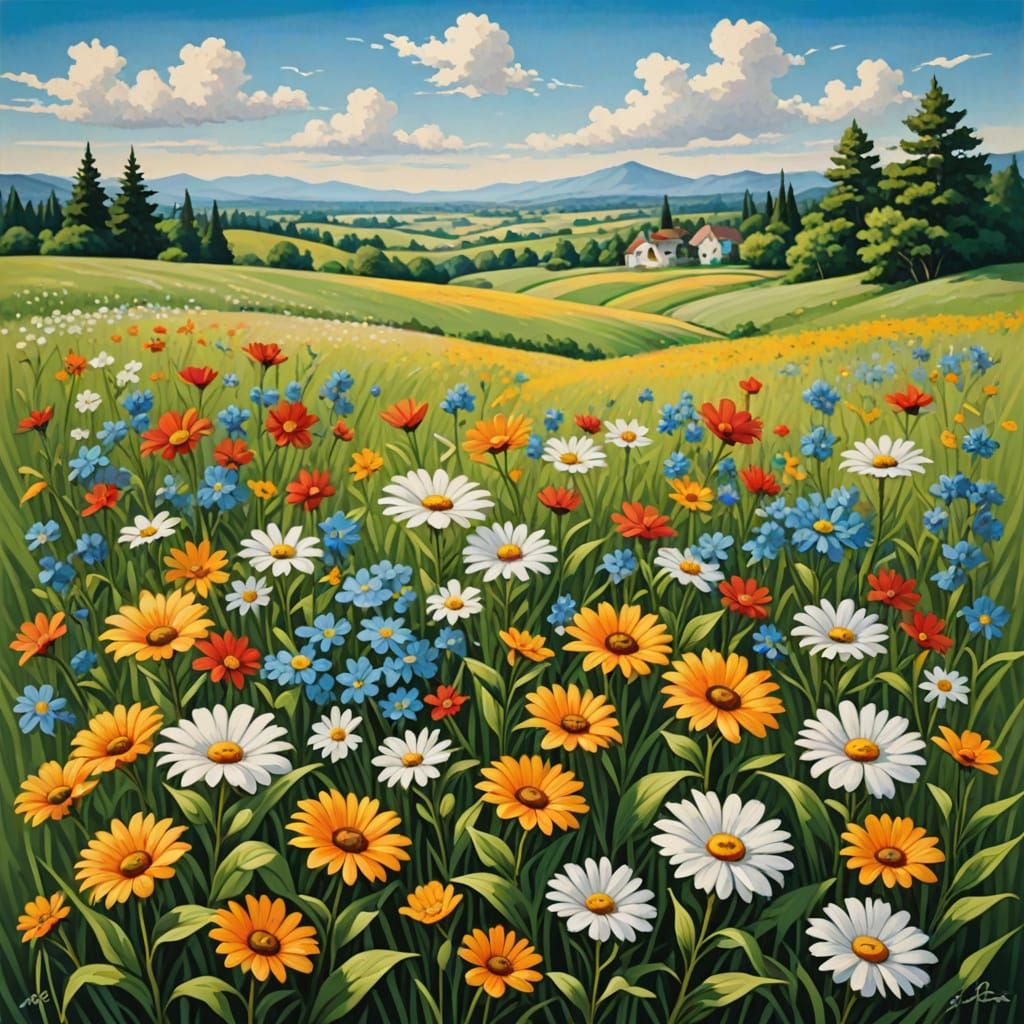 print flowers in summer breeze landscape