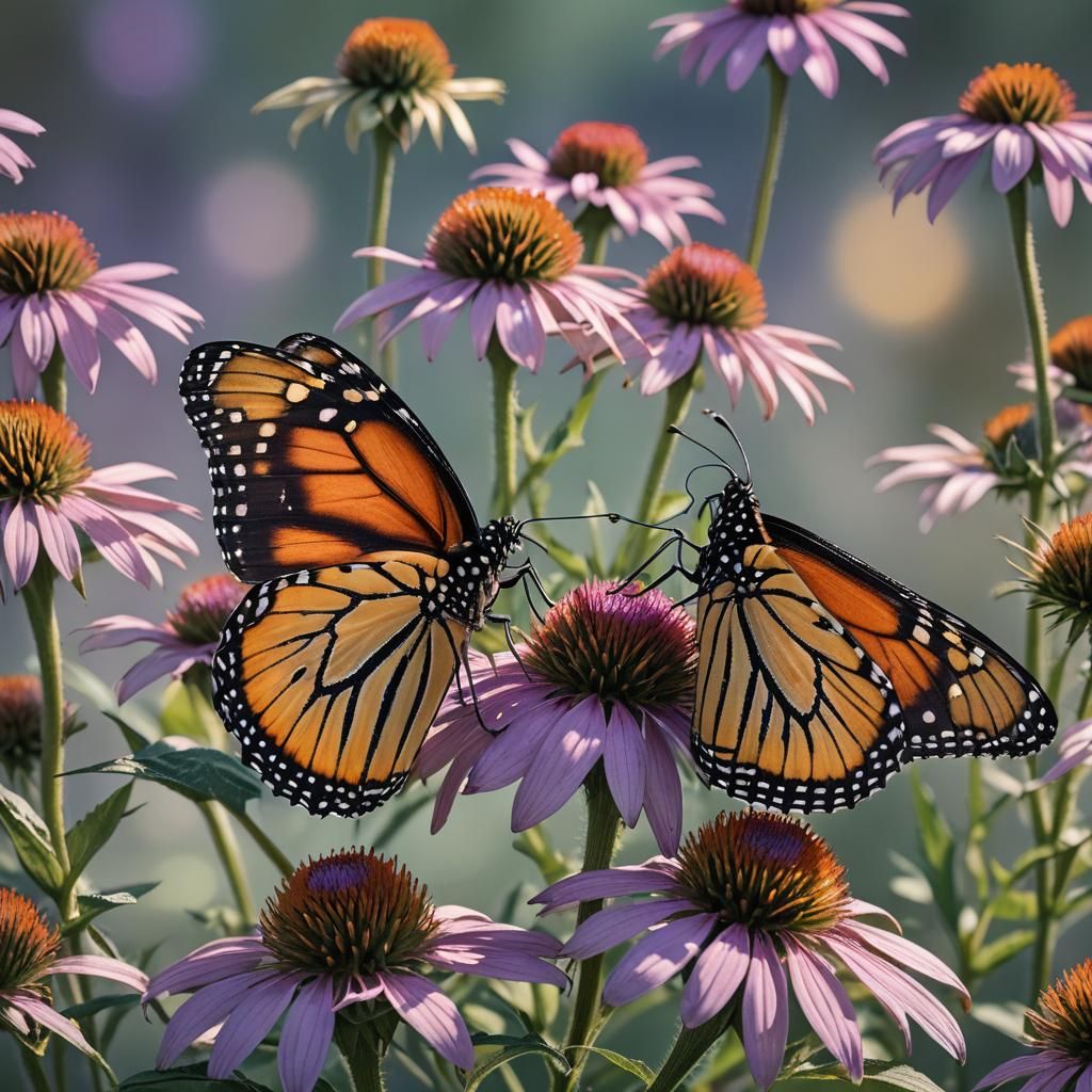 Monarch Butterfly on Coneflower in Hyperrealistic Digital Ar...