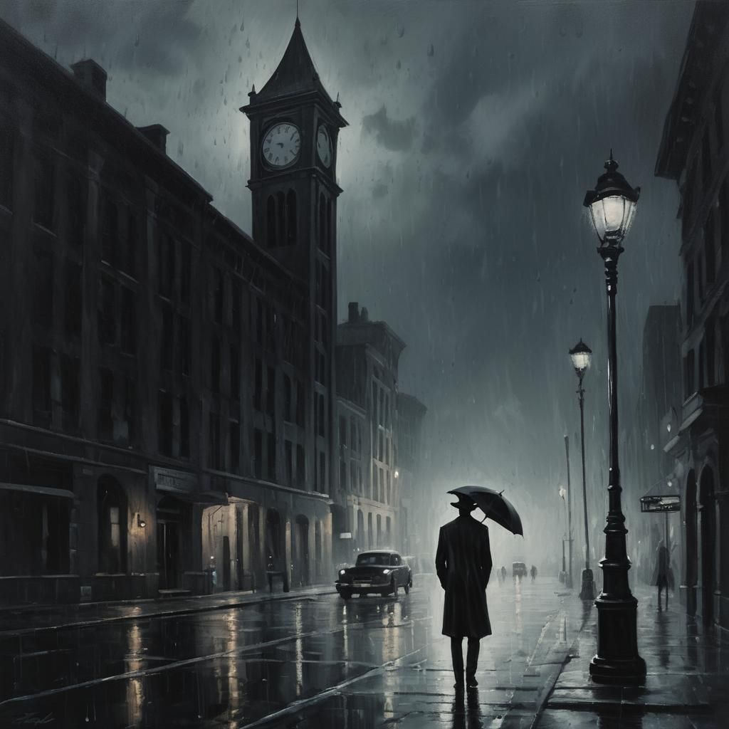 Noir Cityscape: Figure Gazing at Clock Tower