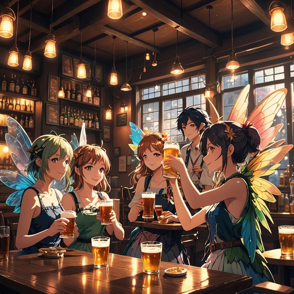Fairies Enjoying Beer in Anime Pub Scene