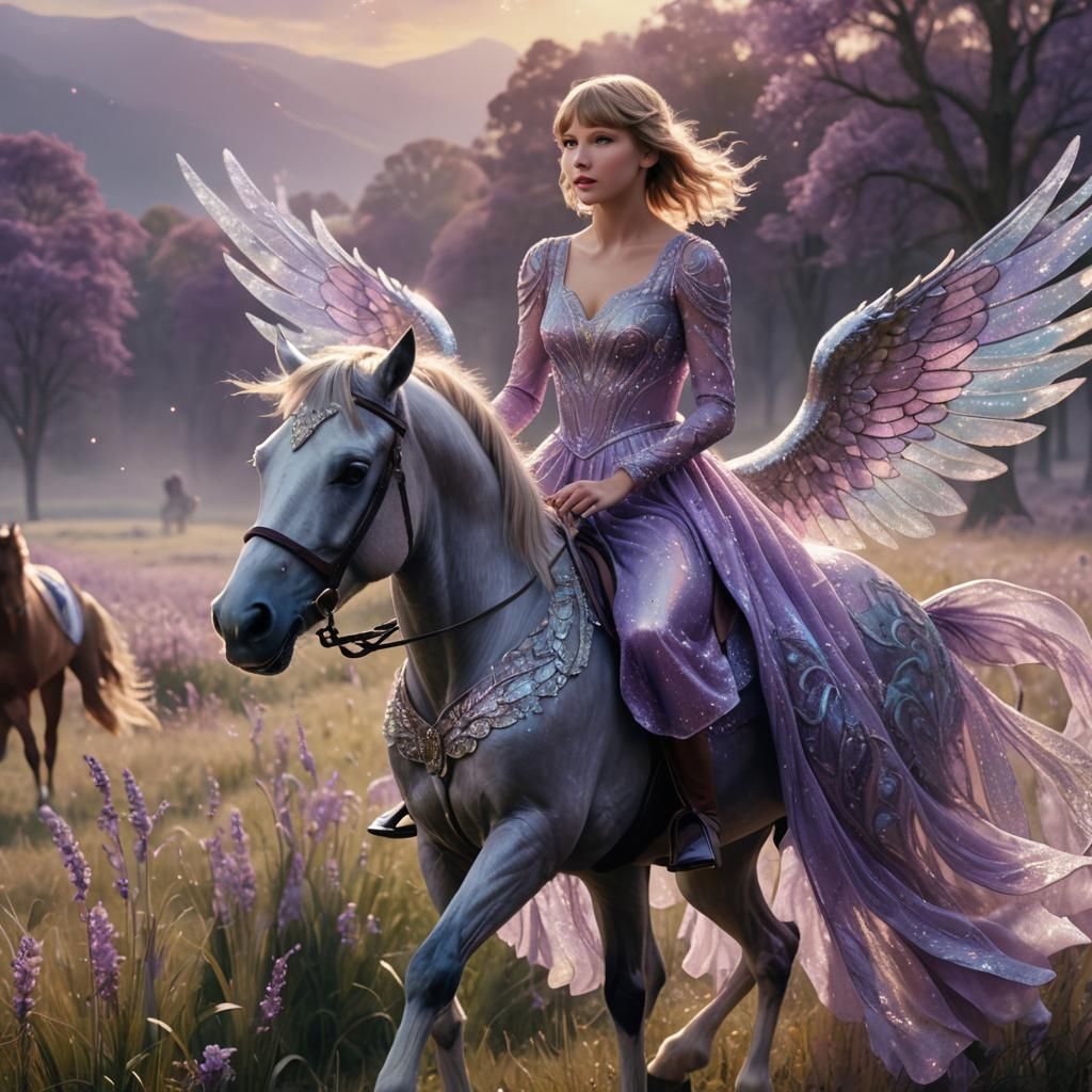 Winged Horse and Rider in Misty Meadow