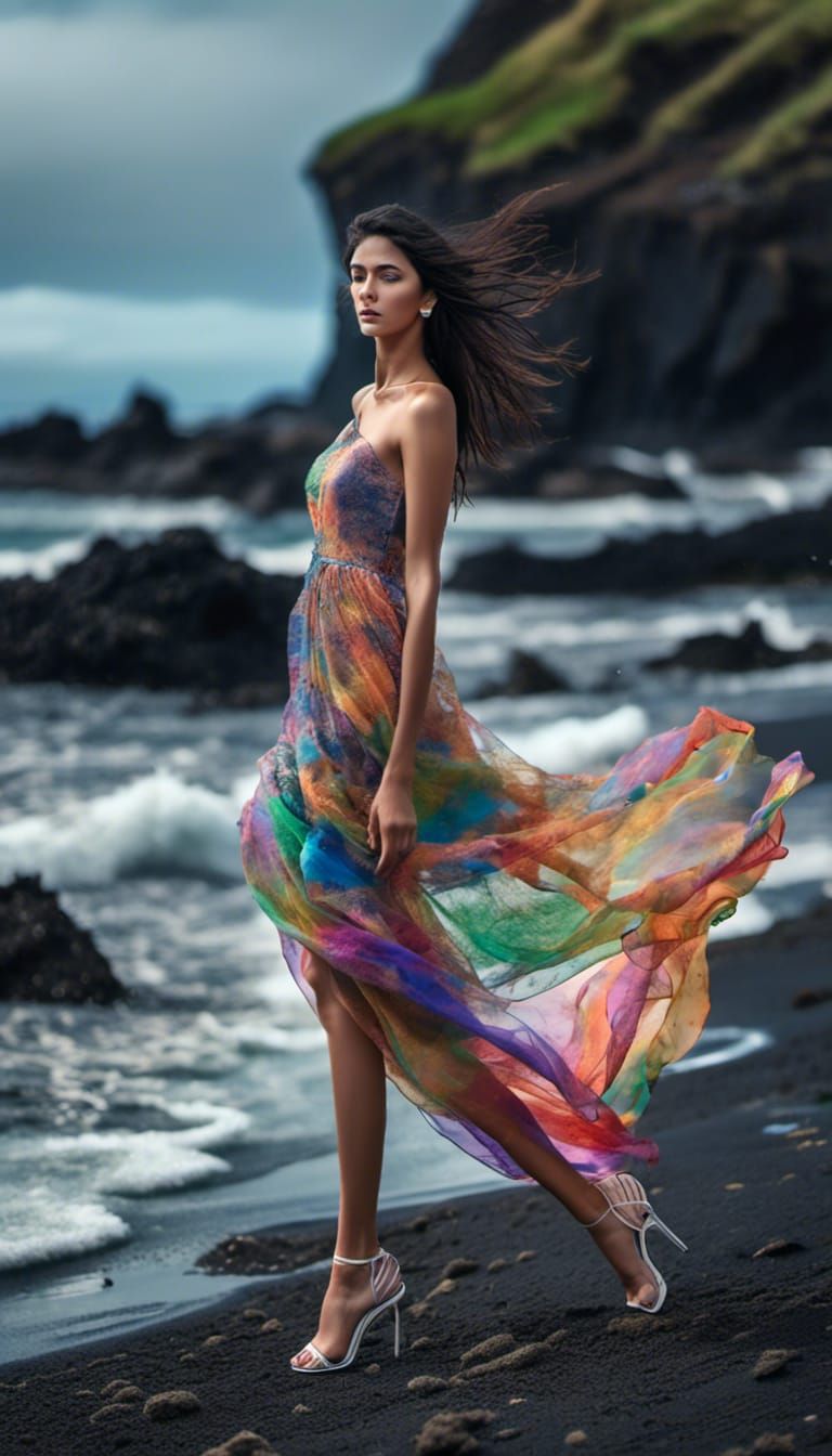 Indian Beauty in Asymmetric Dress on Black Beach