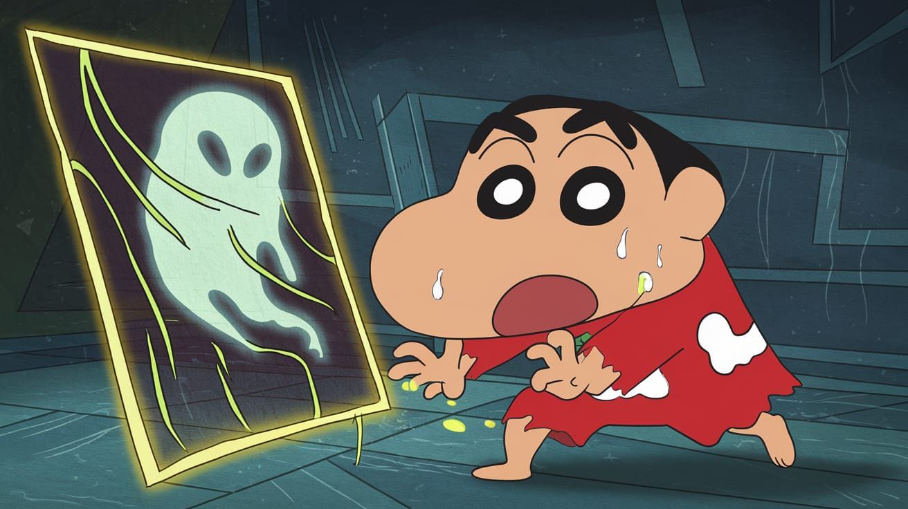 Terrified Shinchan and Ghostly Drawing, Cartoon Style