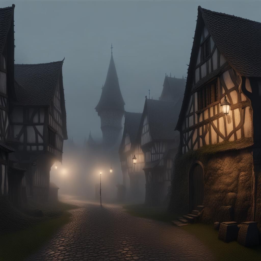 Foggy Haunted Medieval Village in Hyperrealistic Style