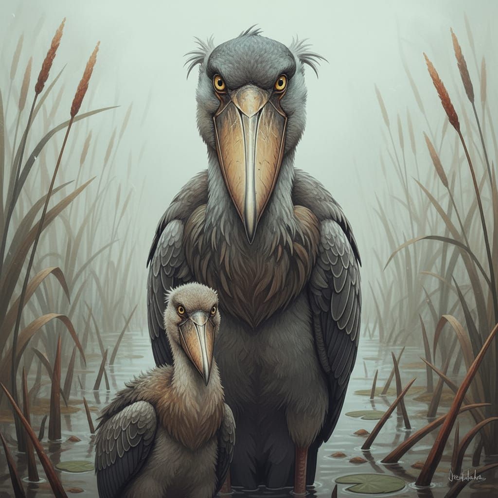 Hyper-Realistic Shoebill Stork and Chick in Wetland