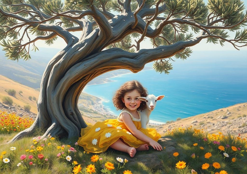 Girl and Goat in Sunny Impressionist Landscape