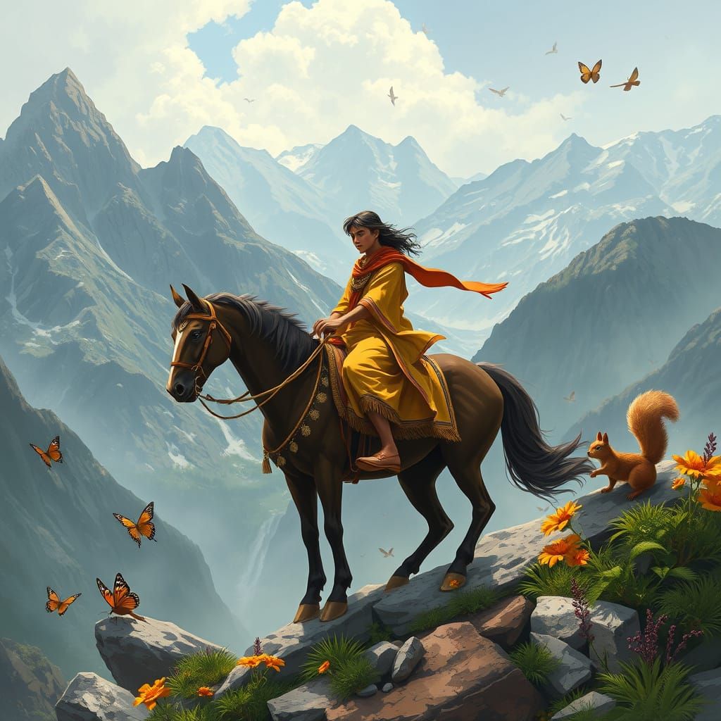 Indian Warrior on Horseback in a Majestic Mountain Landscape