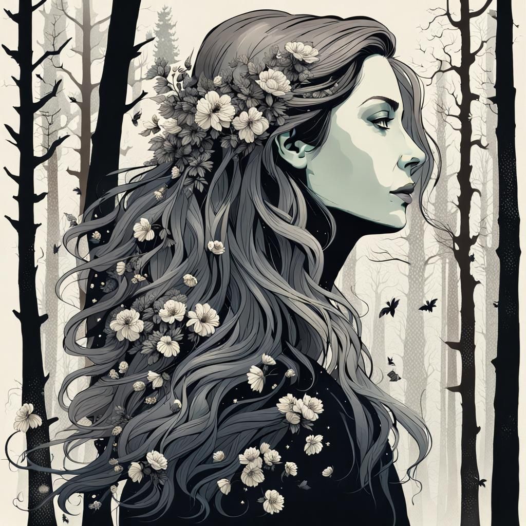 Woman in Profile with Flowers Before Dark Forest