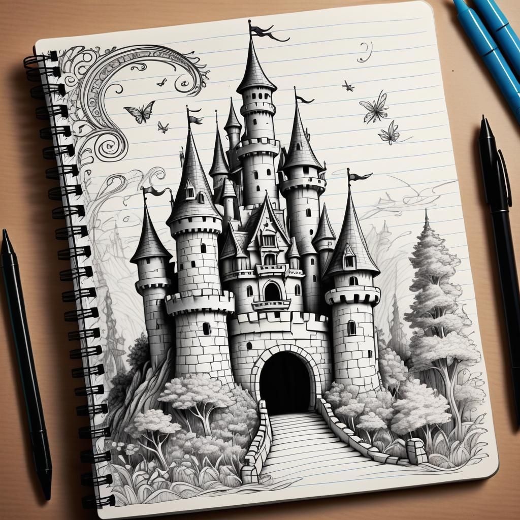 Fairy Tale Castle Doodle Art on Notebook Paper
