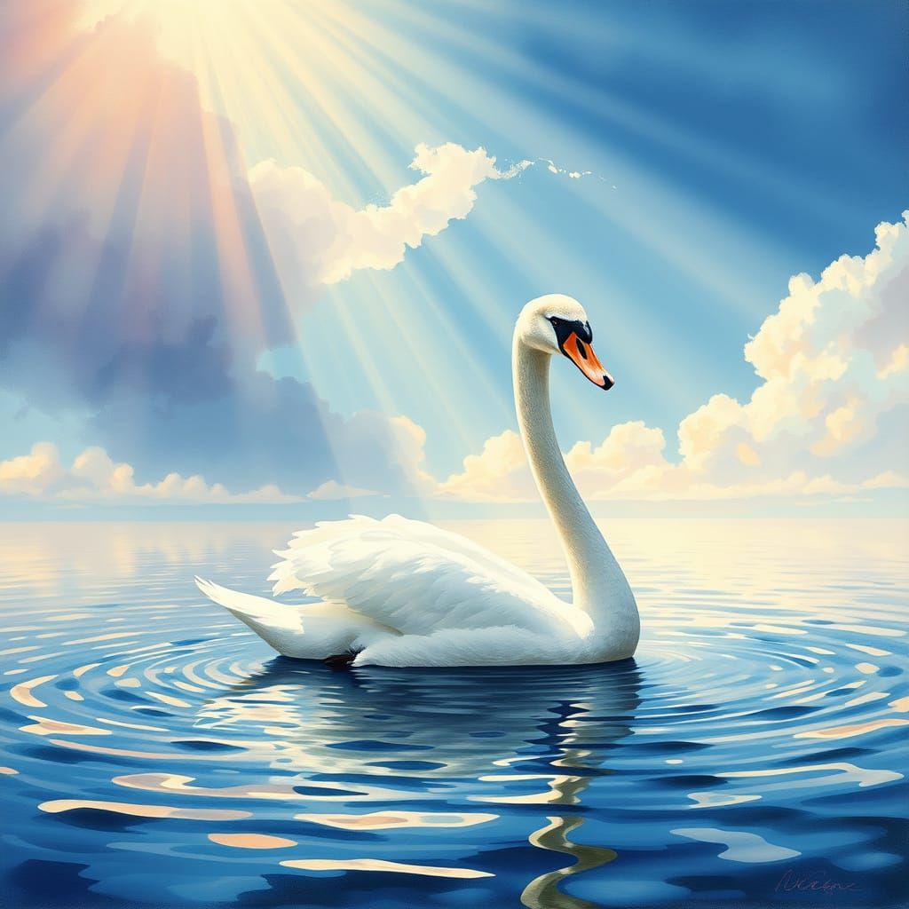 Surreal Swan on Serene Pond in Gouache Watercolor Style