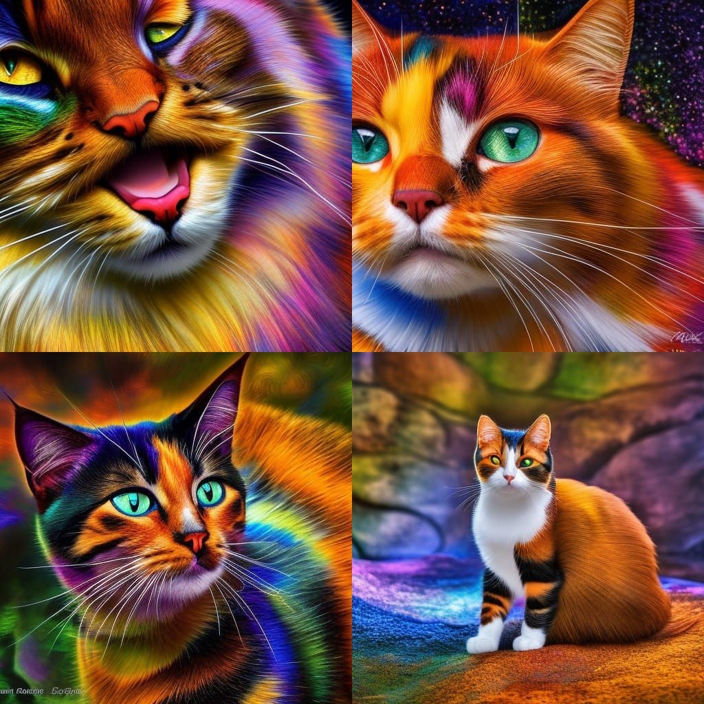 Calico Cat Confrontation in Pointillist Modern Art