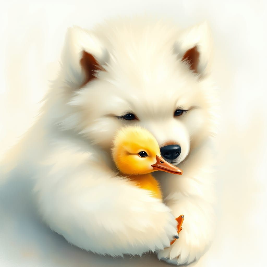 Whimsical Dog and Duckling Embracing in Golden Light