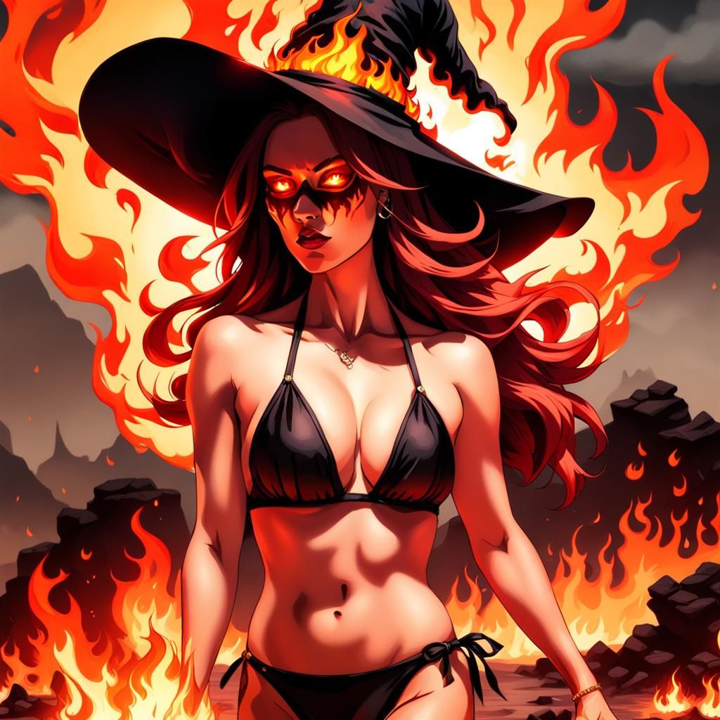 Flaming Witch in Bikini Amidst Inferno