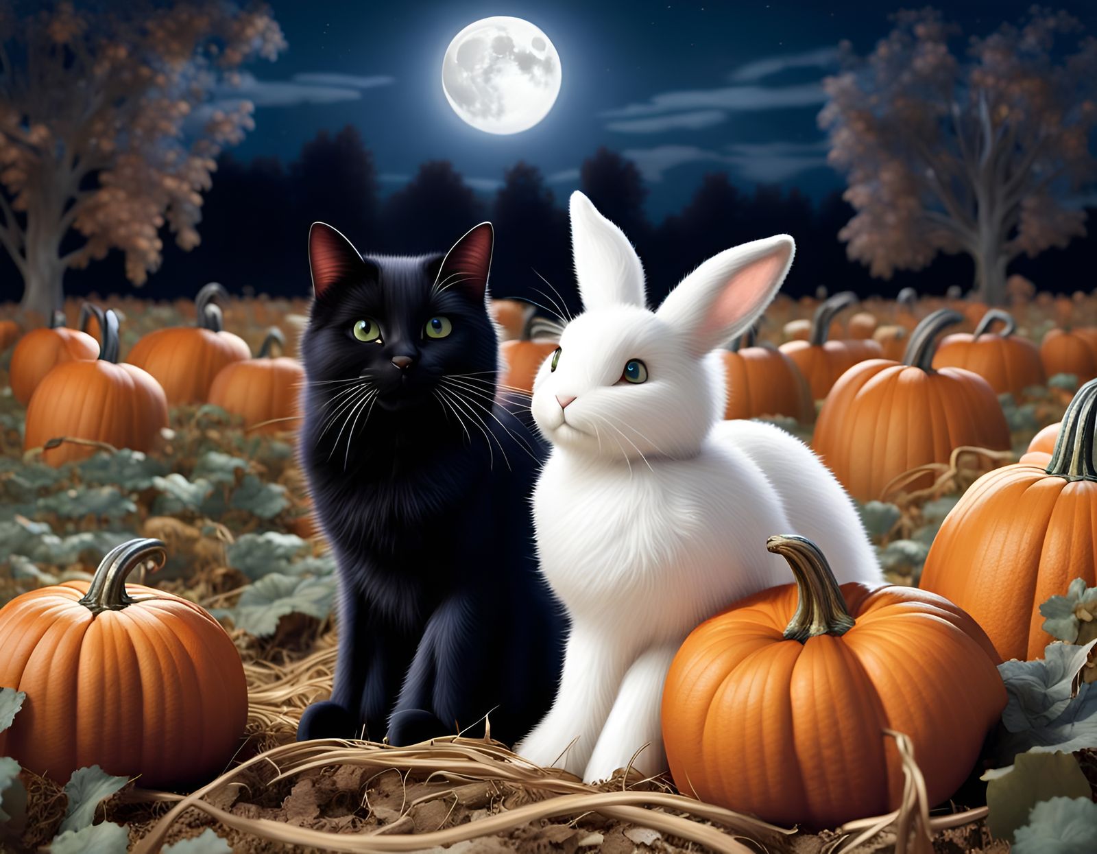 Midnight Pumpkin Patch: Cat and Bunny Under Full Moon
