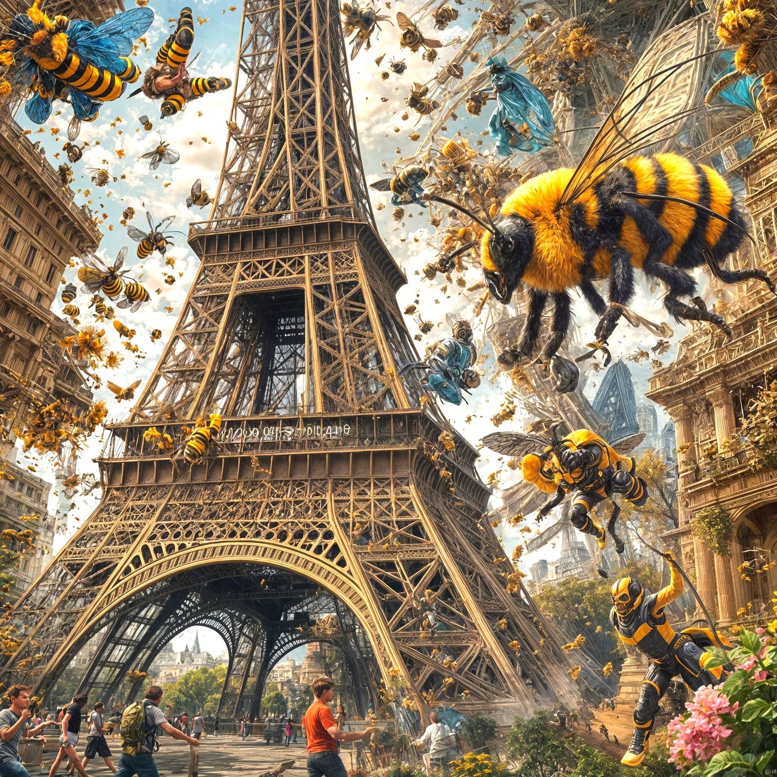 A colossal realistic Bumble Bee rampaging on the Eiffel Towe...
