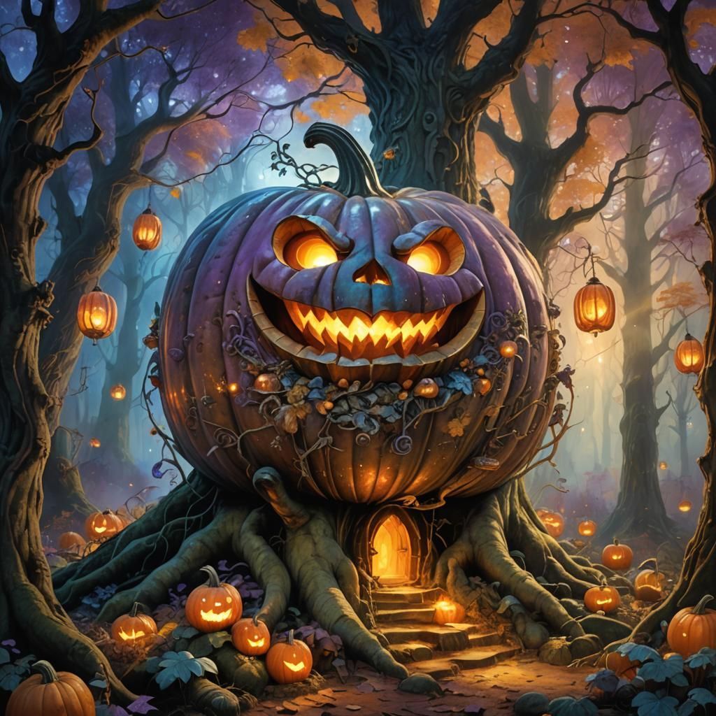 Giant Pumpkin in Enchanted Forest, Vibrant Oil Painting