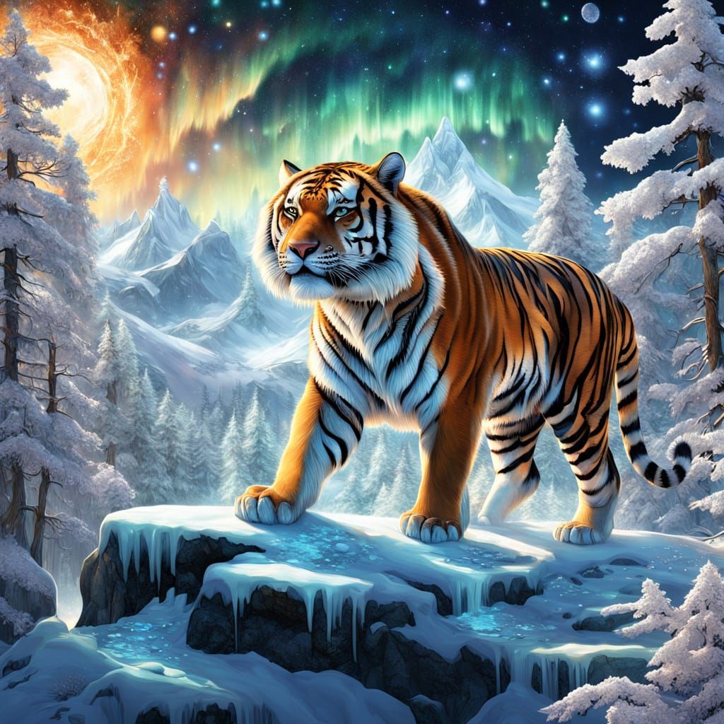 Siberian Tiger Emerges from Winter Wonderland in Cosmic-Patt...