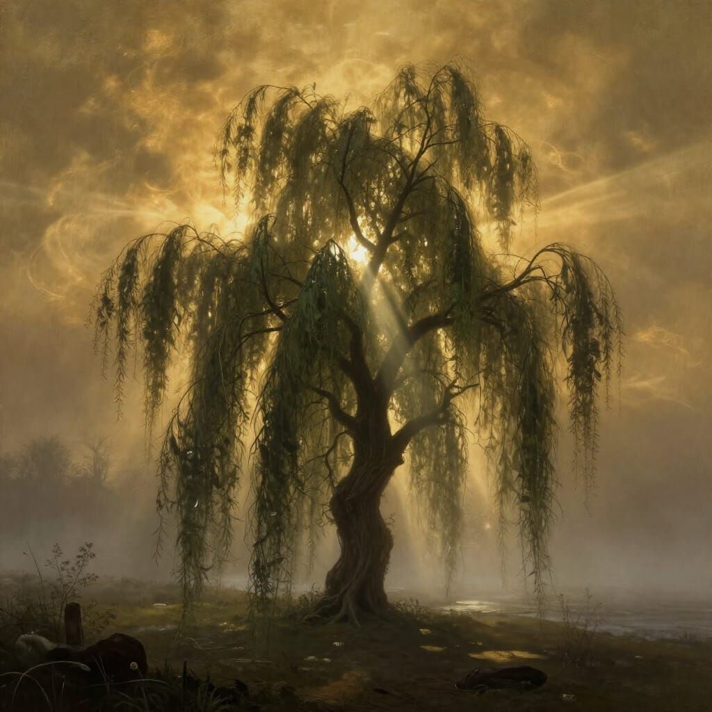 Ethereal Willow Tree on Desolate Shore in Golden Mist