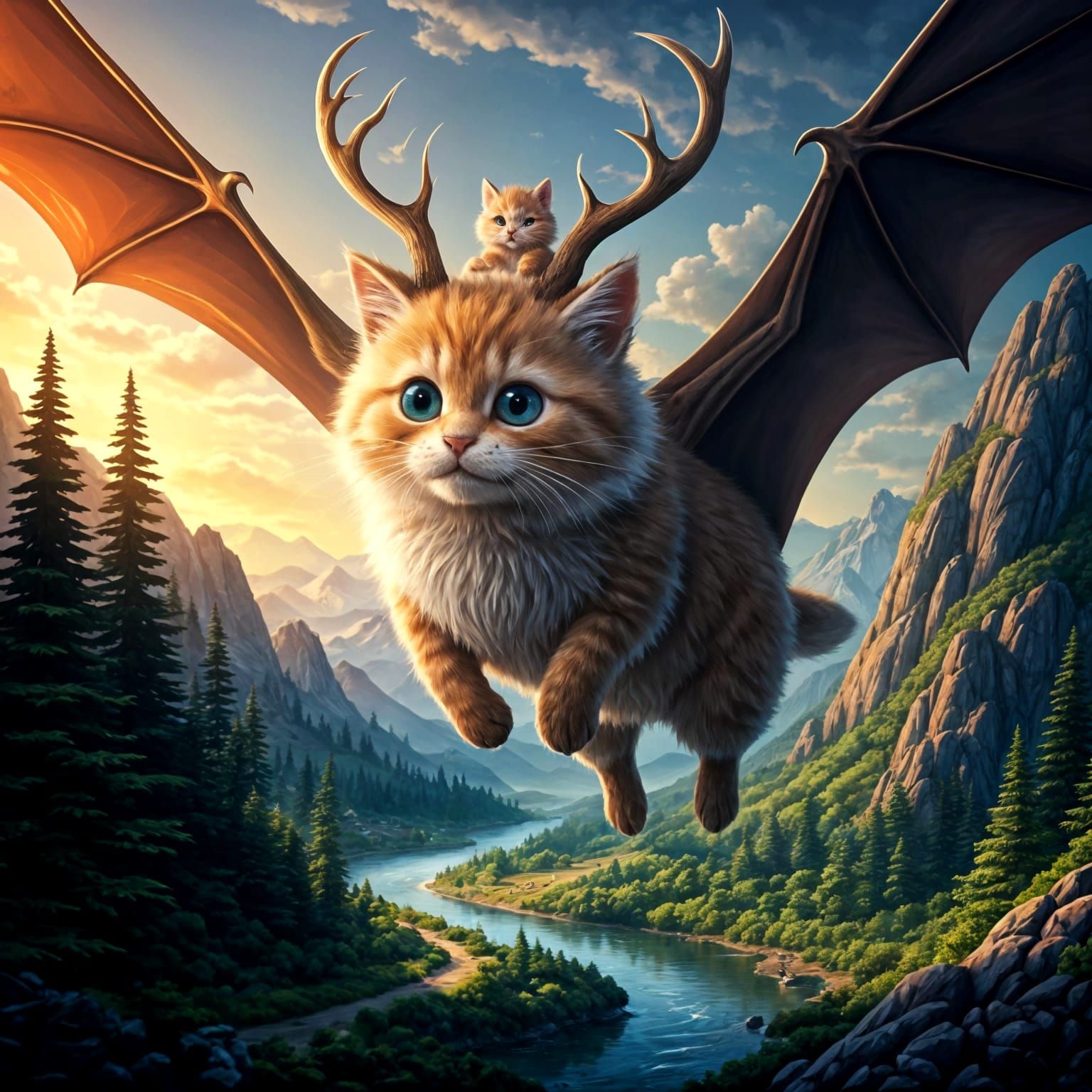 Kitten Rides a Giant Jackalope in Fantasy Valley