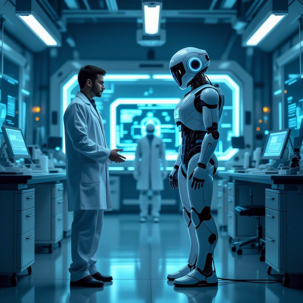 Futuristic Robot Scolding in Gritty Industrial Lab