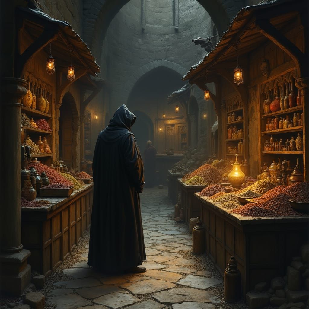 Dark Fantasy Medieval Marketplace with Glowing Orb