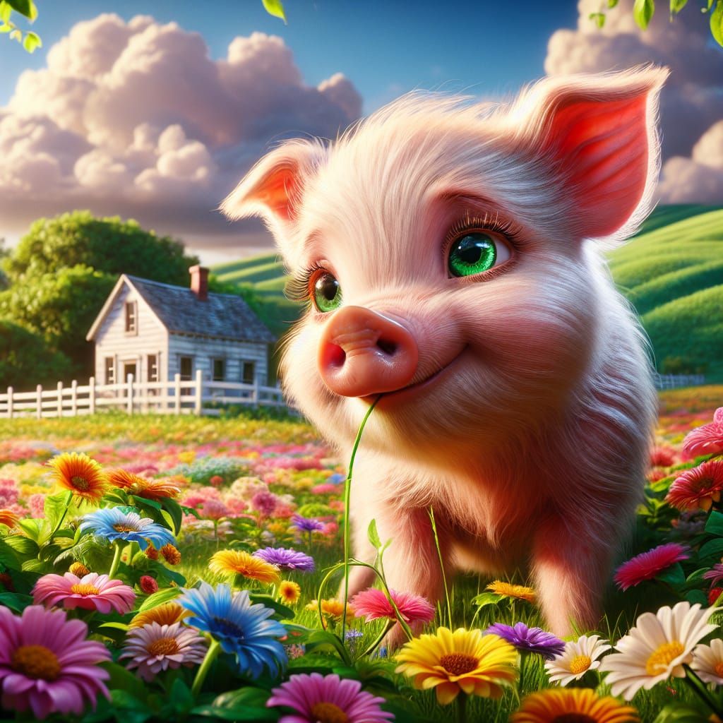 Adorable Green-Eyed Piglet in a Floral Meadow