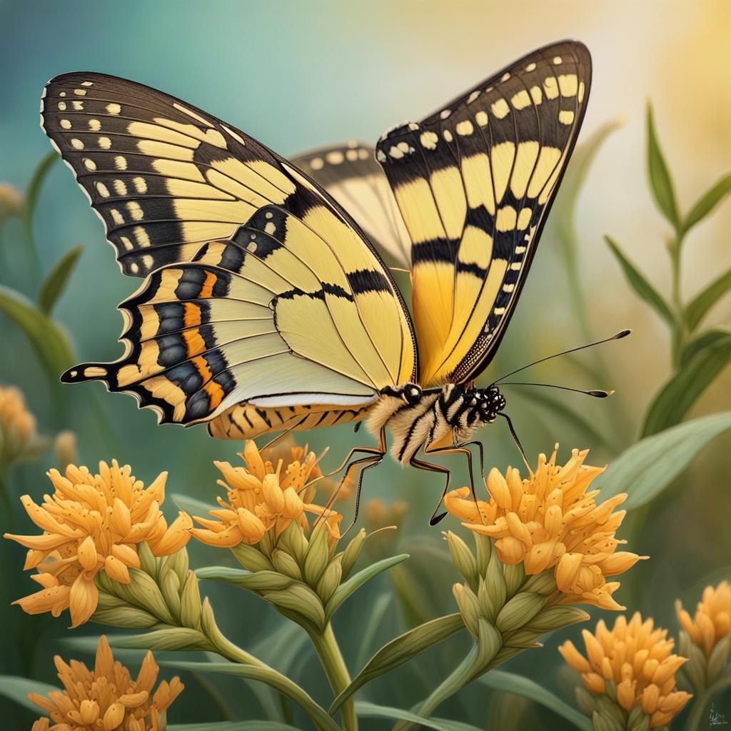 Yellow Swallowtail Butterfly on Milkweed in Hyperrealistic S...
