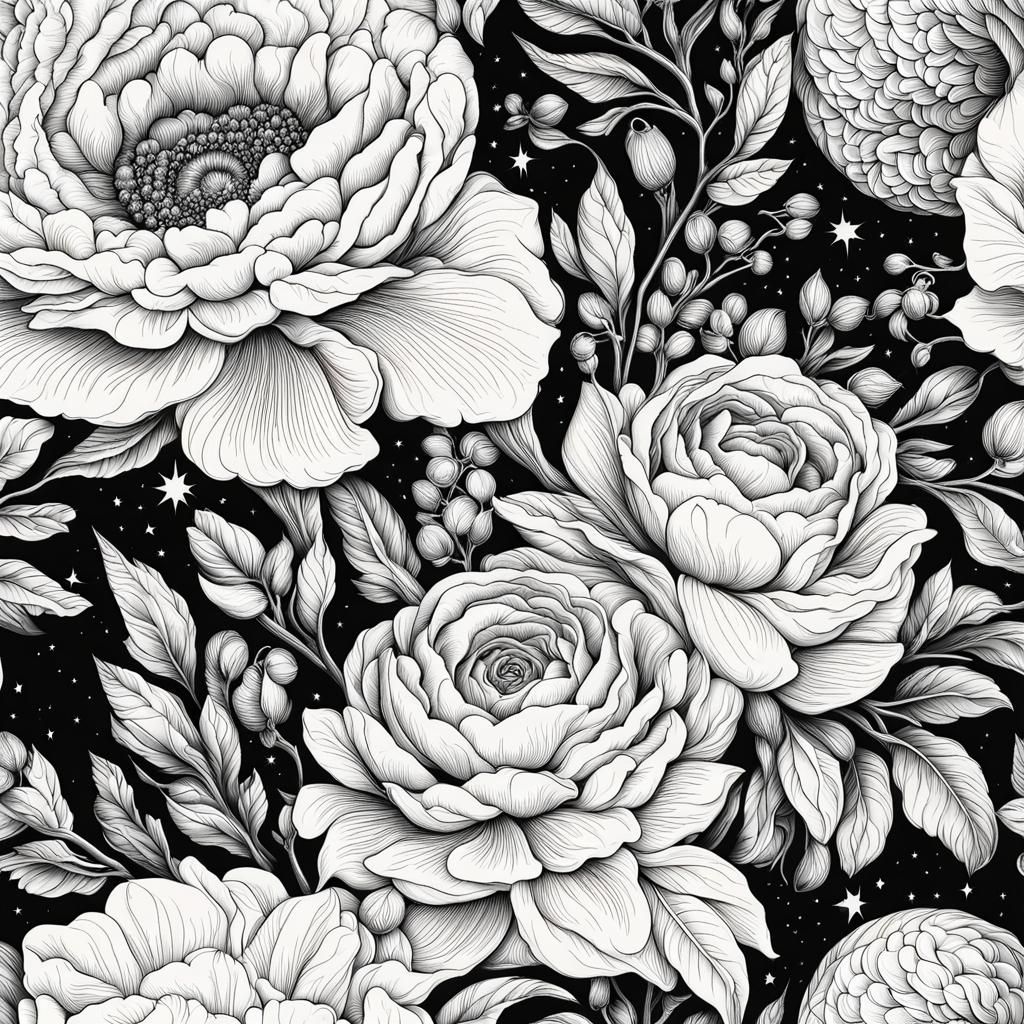 Ornate Starry Sky Coloring Page in Black Ink