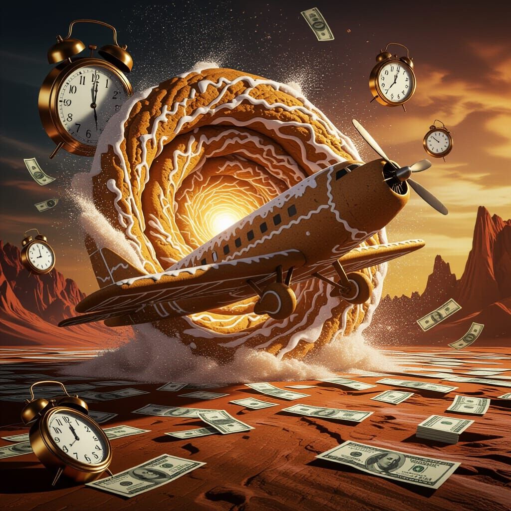 Gingerbread Airplane Vortex in Melting Clock Landscape