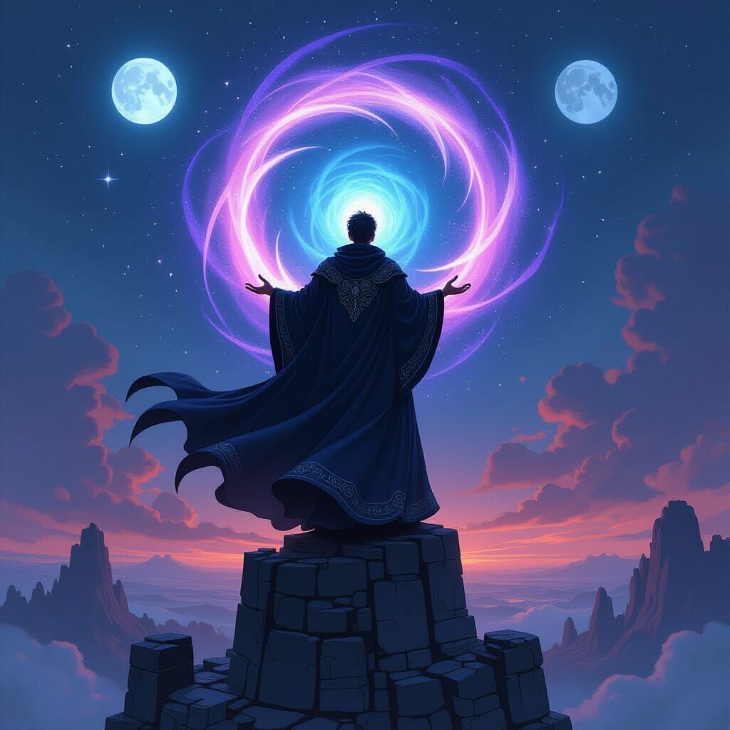 Mage Conjuring Cosmic Energy in Anime Style