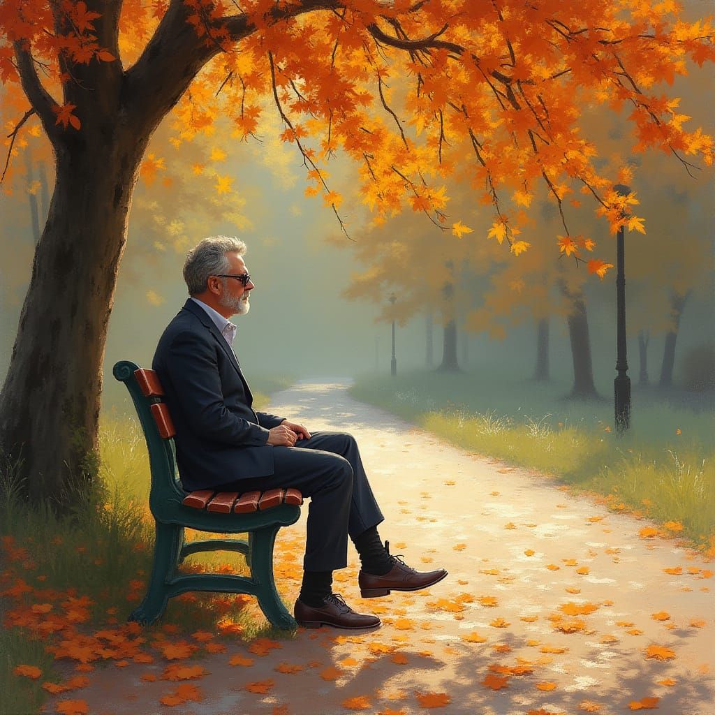 Solitary Man on Autumn Bench in Impressionist Style