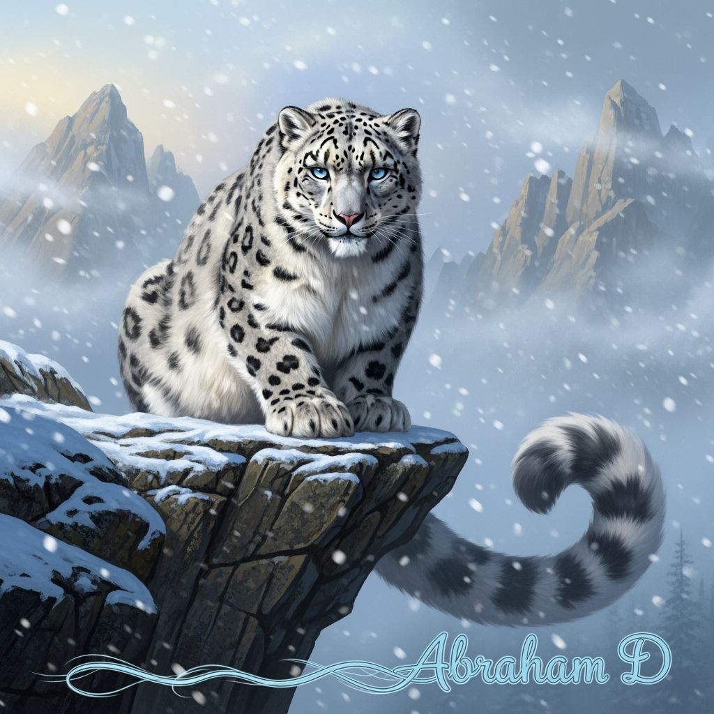 Snow Leopard on Cliff Edge: Ghostly Guardian in Mountain Mis...