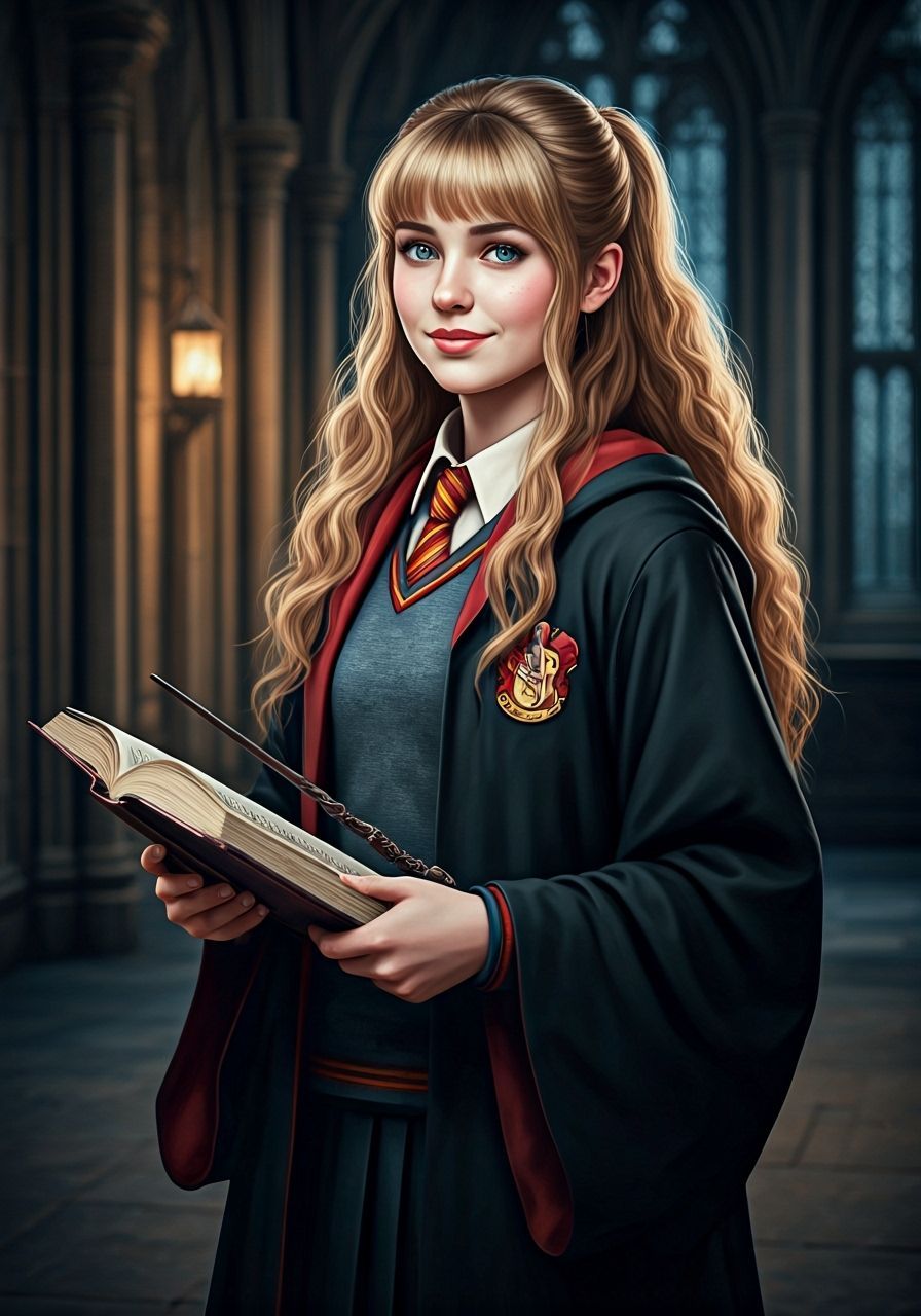 Smiling Student in Hogwarts Hallway, Fantasy Art