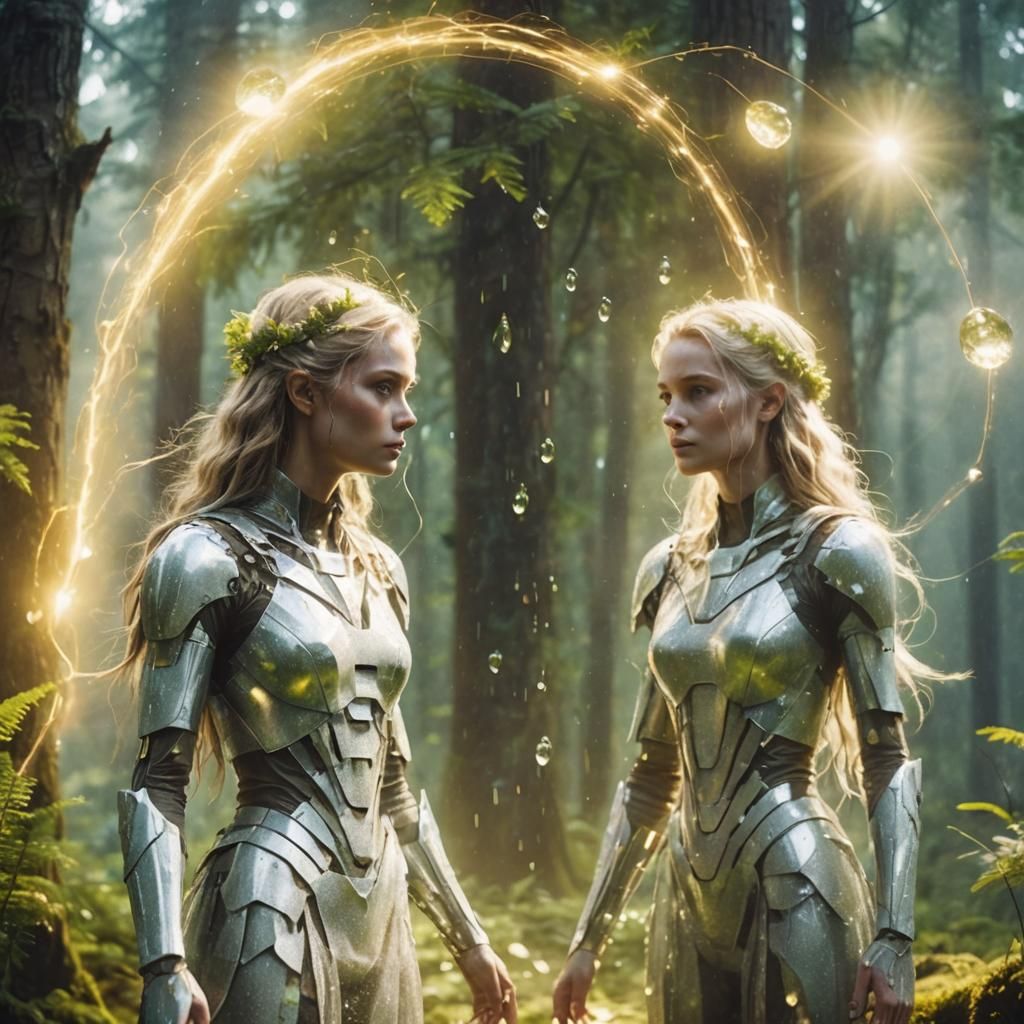 Humanoid Girls Meeting in Forest: Realistic Cinematic Photog...