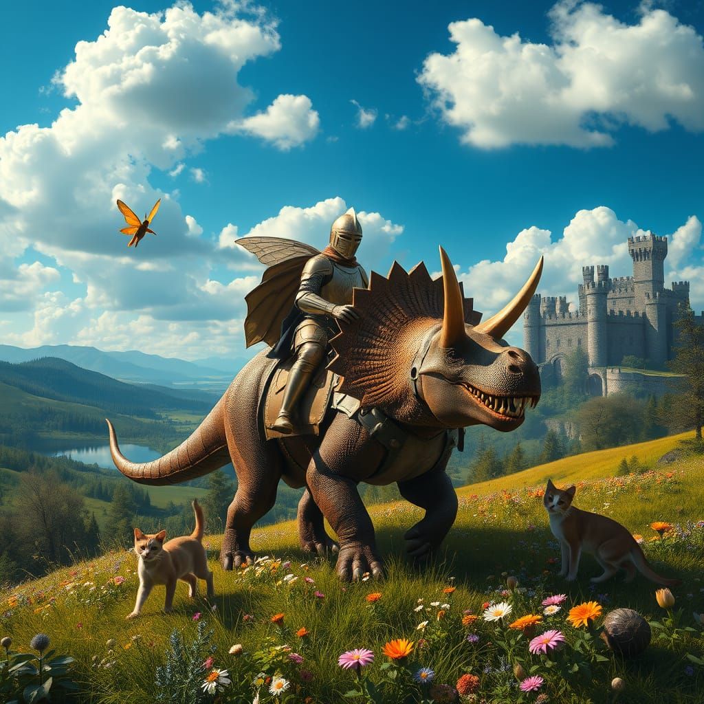 Regal Knight Rides Majestic Triceratops through Vibrant Land...