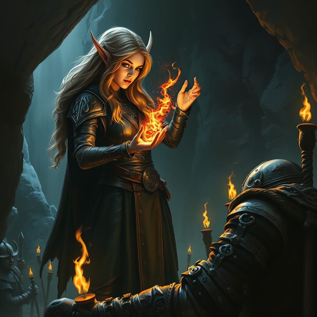 Elf Sorceress Healing Warrior in Dark Cave