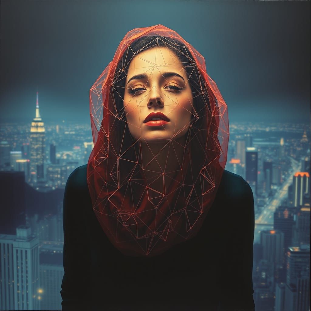 Futuristic Singer with Holographic Veil in Neon City