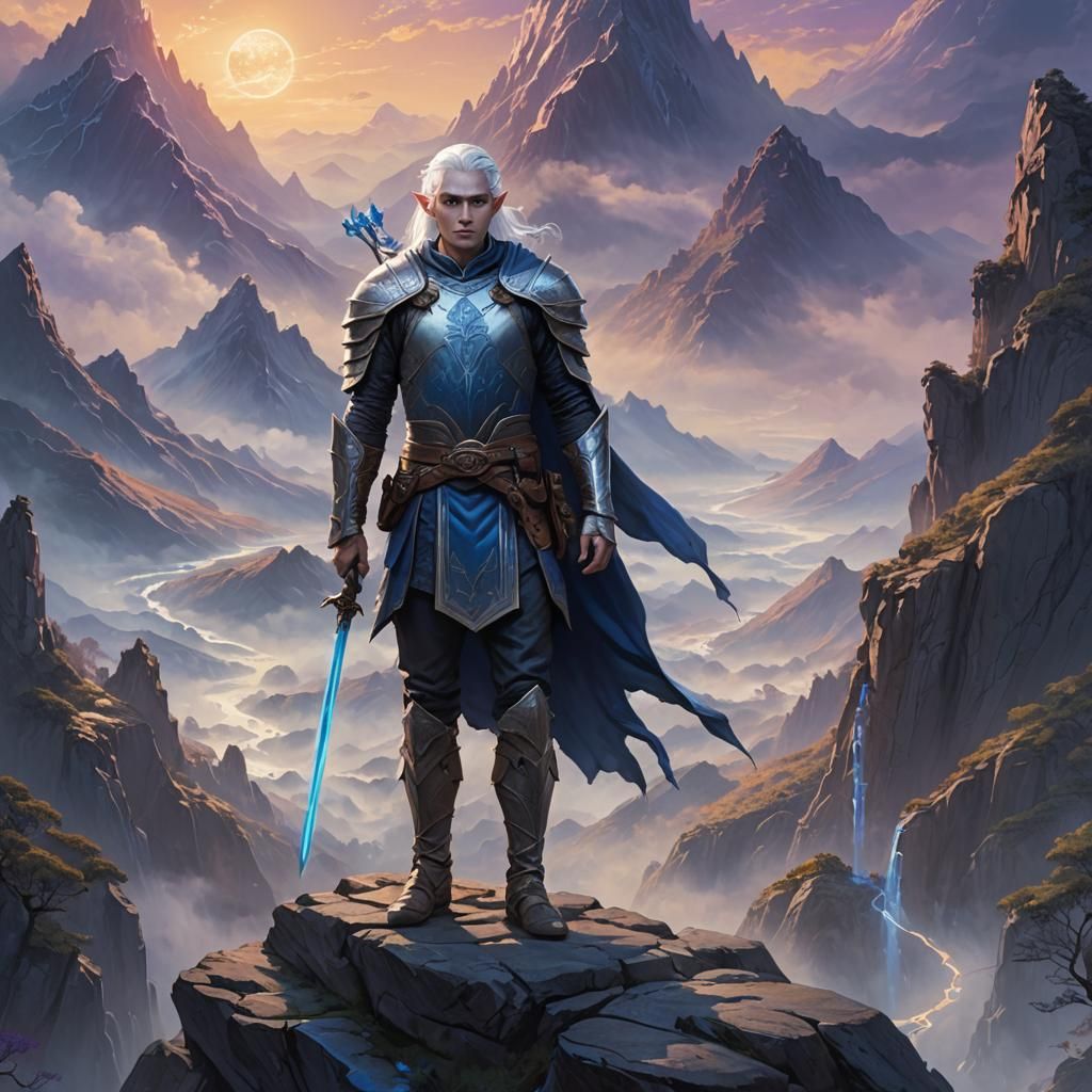 Young Elf on Mystical Mountain in Digital Art Style